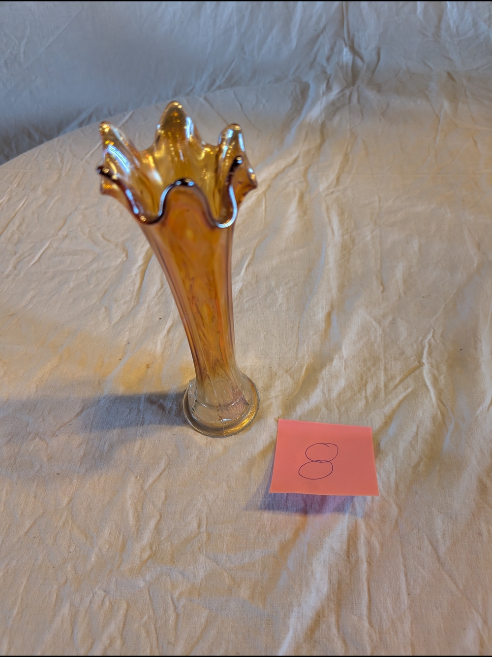 2/60$ Iridescent Amber Ruffled Glass Vase by